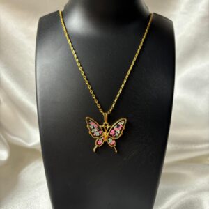 Floral Enamel Butterfly Pendant Necklace – Elegant Gold Chain Jewelry